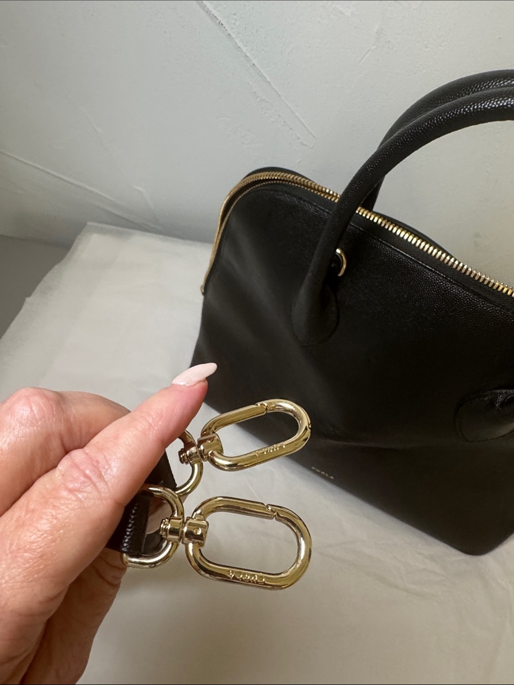 Furla Code Black Leather Dome Satchel with Detachable Strap - Picture 13 of 13